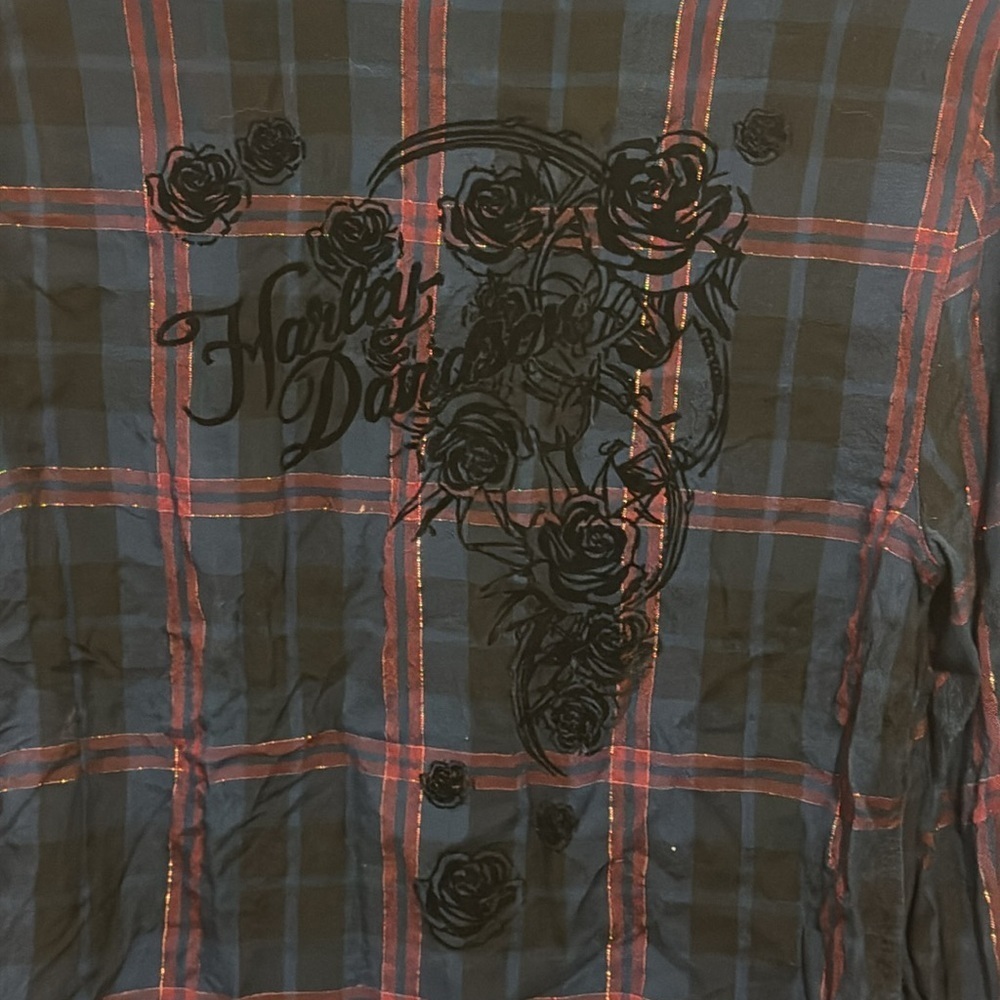 Harley-Davidson Flocked Roses Plaid Button Down Women’s Top - Picture 6 of 6